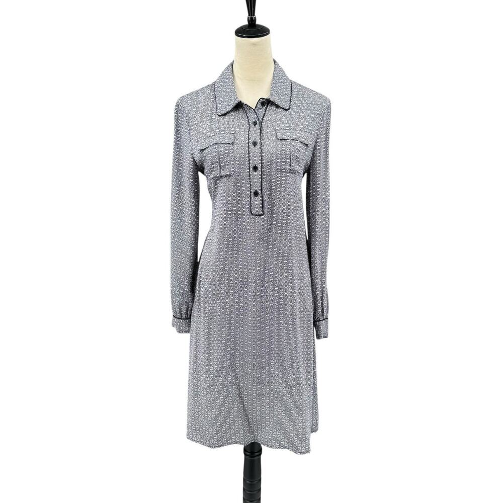Tory Burch Christelle 100% Silk Navy & White Chain Print Long Sleeve Shirt Dress